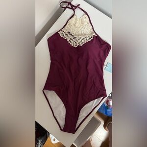 NWT Burgundy Halter One-Piece Swimsuit with Lace Detail